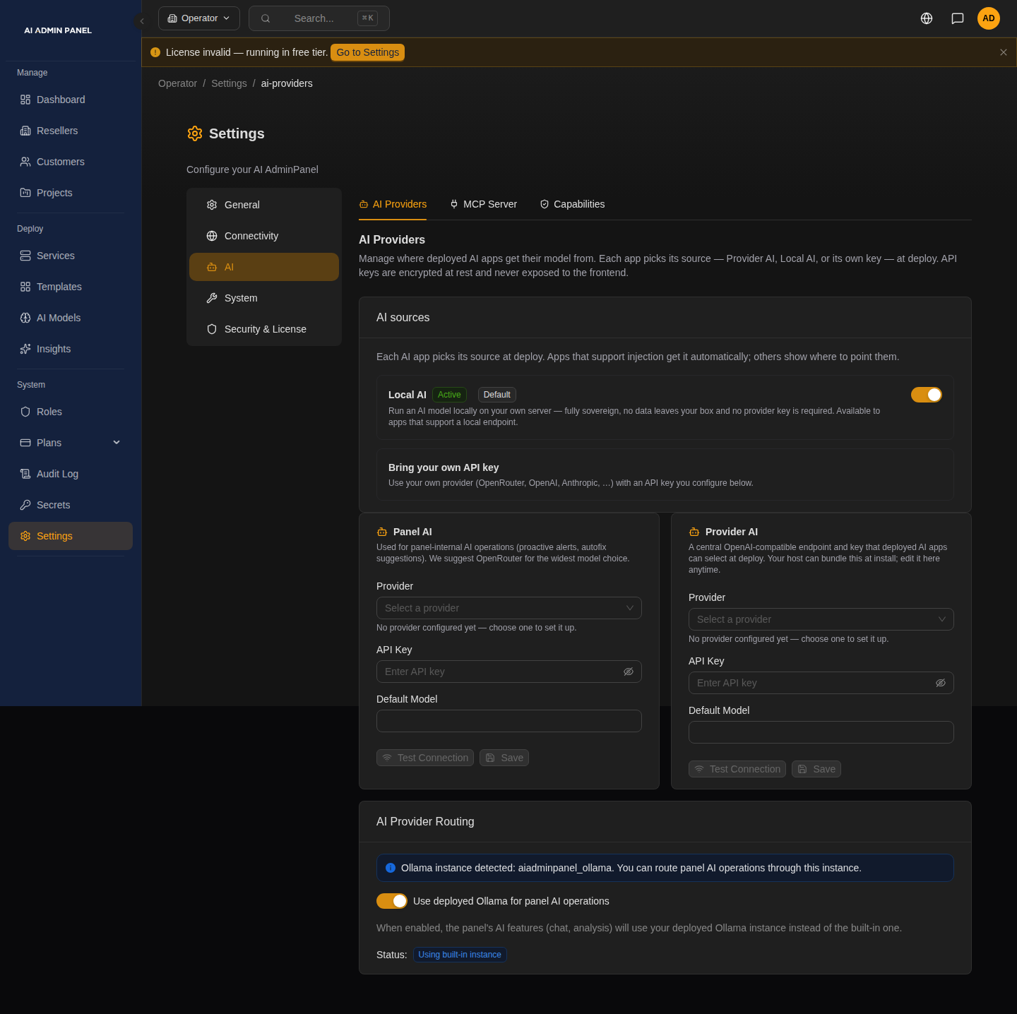 AI Providers settings with separate Panel AI and Provider AI forms, empty API-key fields, and Local AI selected as the default app source.