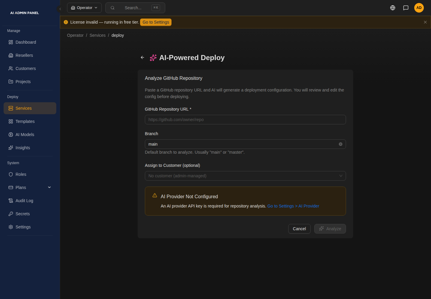 AI-Powered Deploy form with repository URL, branch and customer fields; AI Provider Not Configured is shown and Analyze is disabled.